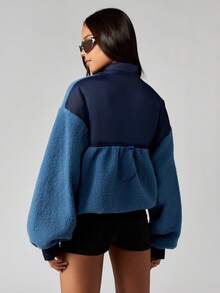 MISSGUIDED Women Oversized Teddy Jacket Winter Sherpa Fleece Coat With Navy Contrast Panel Half Zip Stand Collar Cozy Warm Outerwear Fall Fashion