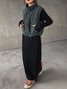 FRIFUL 女士休闲纯色立领无袖夹克，秋冬背心 - 深灰色 - 查看 2