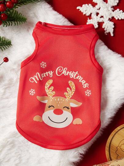 PETSIN 1pc Pet Christmas Cat Dog Universal Red Christmas Elk Snow Cartoon Illustration Fashion Cute Print Elastic Comfortable Dog Christmas Tank Top