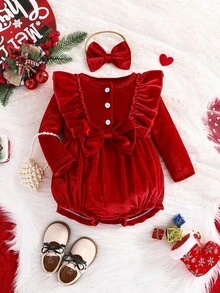 SHEIN 2025年秋季新款女婴连体衣，圆领半开襟长袖，荷叶边装饰，大蝴蝶结点缀，裆部开口，面料柔软舒适，适合宝宝100天/一周岁生日派对穿着，连体衣+发带，秋冬季款。 - 紅色 - 查看 4