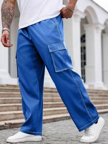 Manfinity Homme Outdoor Casual Loose Pocket Men Plus Size Pants, For Fall - Royal Blue - View 5