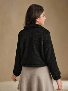 SHEIN Elladie kids 1 件 Tween Girl 纯色长袖领毛绒夹克