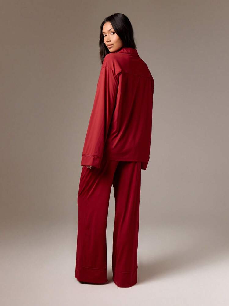 Button Front Collared Satin Pajama Set With Wide Leg Pants