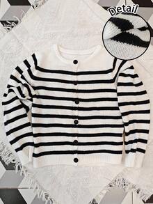 SHEIN EZwear Áo khoác cardigan sọc tối giản thường ngày dành cho sinh viên, phong cách hàng hải, mùa tựu trường, phù hợp cho phụ nữ vào mùa thu/đông, cổ điển, gợi cảm, dễ thương, Y2K, cô gái dừa, boho, hippie, lễ hội âm nhạc - Nhiều màu - Xem 8