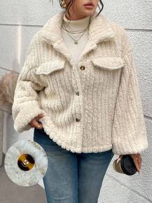 EMERY ROSE Plus Size Women's Flap Detail Button Front Flannel Jacket Winter Fall Autumn - Apricot - View 4