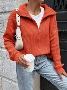 EURMUSE Woman Zipper Collar Loose Fit Comfy Warm Sweater - Burnt Orange - View 5