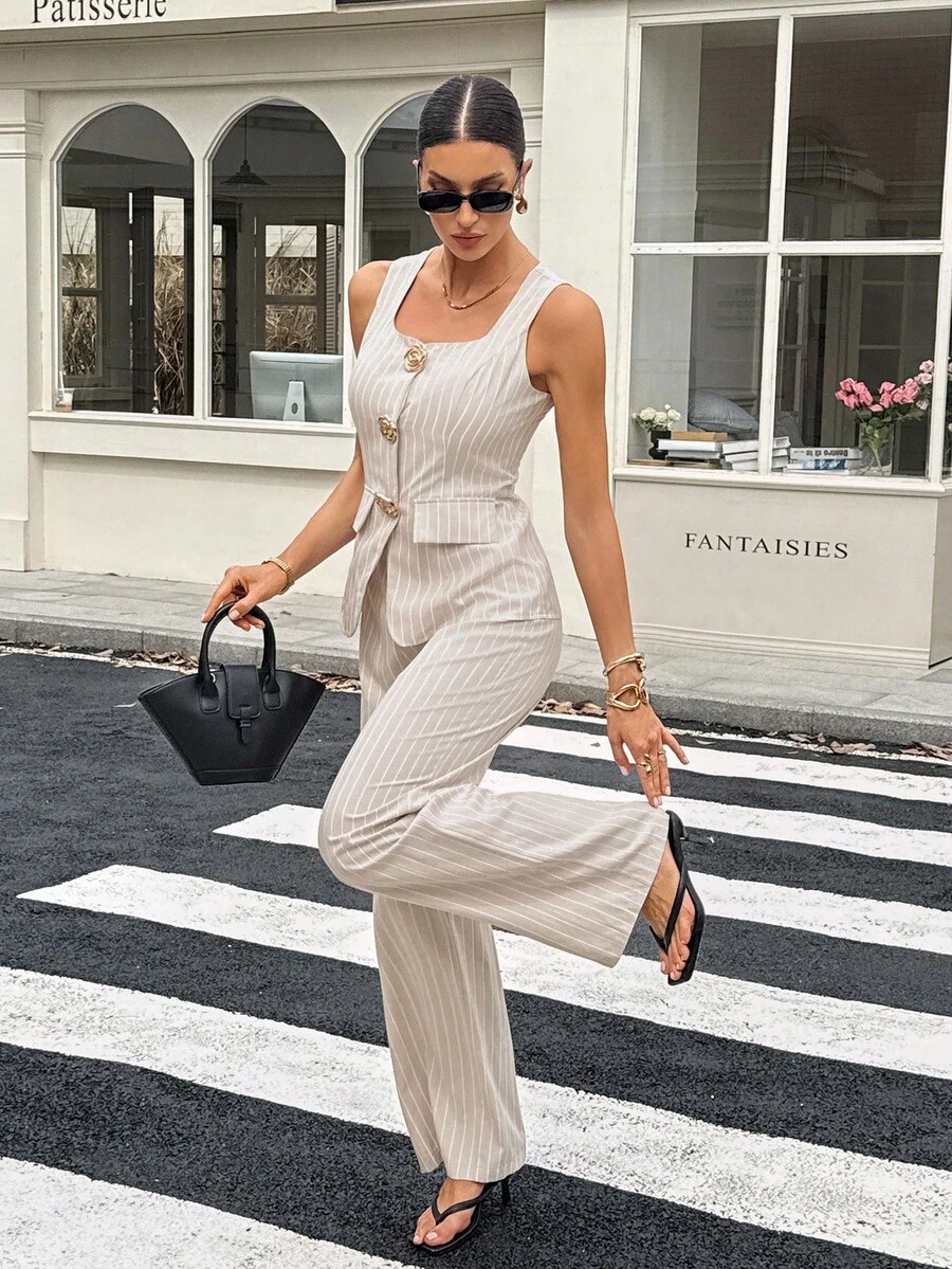 SHEIN Tall 女式条纹无袖上衣和裤子两件套，高品质金属扣设计，秋季 - 米色 - 查看 1