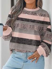 EMERY ROSE 大码粉色闪光条纹印花休闲运动衫，适合秋冬季派对 - 彩色 - 查看 4