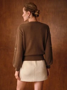 MOTF PREMIUM FLORAL PATTERN FAUX PEARL DETAIL SWEATER - Brown - View 5