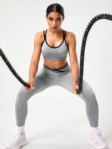Seamluxe SHEIN Sport Seamless Yoga Sports Bra With Criss-Cross Straps Yoga Bra Top Grey Sports Bra Grey Workout Set Criss Cross Sports Bra Yoga Set Bra Top