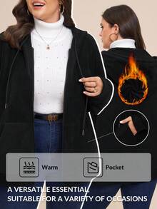 Comfylo 大码休闲纯色时尚拉链连帽衫外出黑色百搭保暖摇粒绒超舒适夹克秋冬 - 黑色 - 查看 1