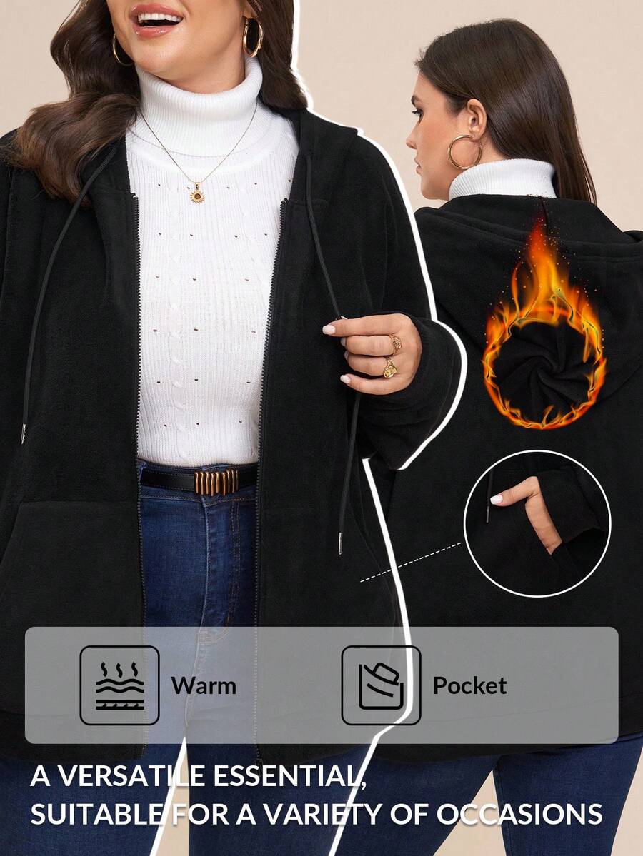 Comfylo 大码休闲纯色时尚拉链连帽衫外出黑色百搭保暖摇粒绒超舒适夹克秋冬 - 黑色 - 查看 1