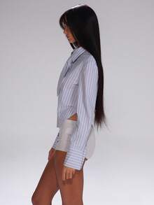 MUSERA Áo sơ mi tay dài dáng ngắn kẻ sọc, chi tiết cà vạt, dễ thương, thích hợp cho mùa thu, đi làm, phong cách thường ngày, đường phố, thể thao, công sở, dự tiệc, thanh lịch, kỳ nghỉ, xuân hè. - Màu xanh lam - Xem 3