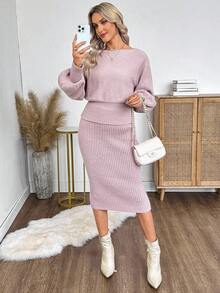 EMERY ROSE Ensemble 2 pièces Top à manches longues et jupe de couleur unie pour l'automne/hiver pour femmes - Rose bonbon - Voir 4