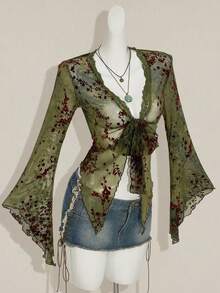 SHEIN ICON Áo khoác cardigan lưới voan cổ điển viền bất đối xứng tay loe dành cho nữ - màu xanh lá - Xem 5