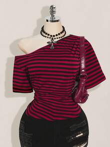 SHEIN ICON Áo thun tay ngắn dệt kim kẻ sọc đen xám vai lệch cỡ lớn, áo thun sọc Bardot thường ngày, trở lại trường, Y2K, trang phục hàng ngày, thích hợp cho mùa hè - Nhiều màu - Xem 1