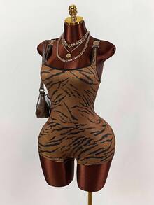 Amplova Mono de moda salvaje para mujer de talla grande con cuello cuadrado y redondo, estampado de tigre, accesorios metálicos, sin mangas, espalda descubierta y hebilla cruzada ajustada - Marrón - Ver 1