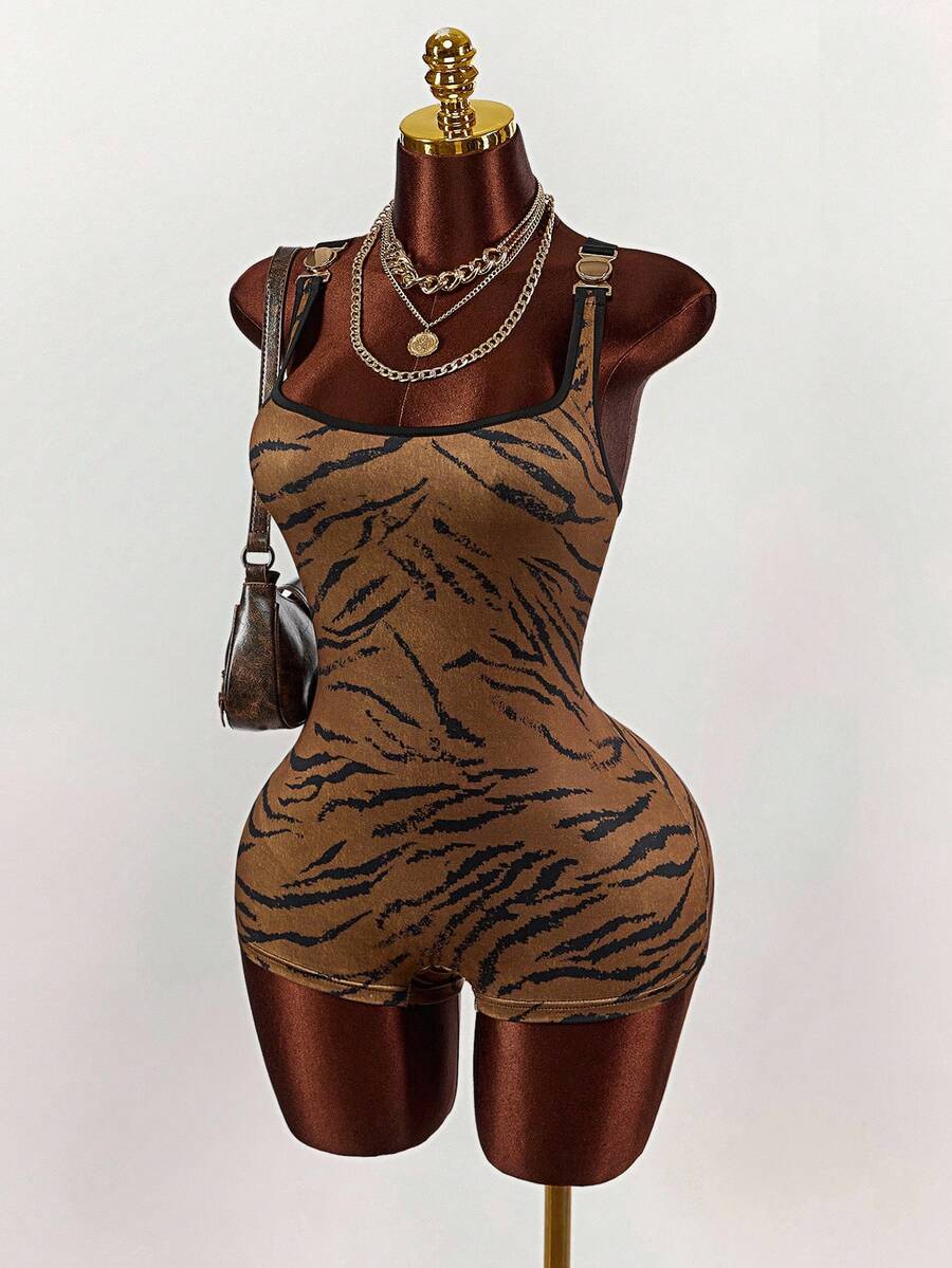 Amplova Mono de moda salvaje para mujer de talla grande con cuello cuadrado y redondo, estampado de tigre, accesorios metálicos, sin mangas, espalda descubierta y hebilla cruzada ajustada - Marrón - Ver 1