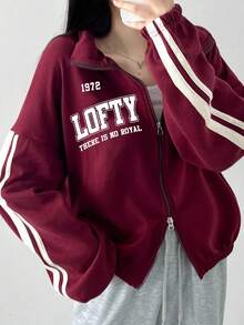 DAZY 休闲学院风宽松字母印花女式拉链卫衣夹克 - 酒紅色 - 查看 9