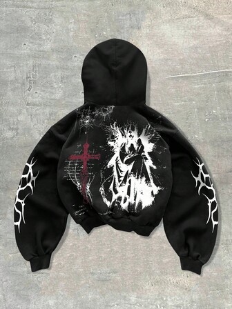 Street Life Sudadera con capucha con estampado de figura y cruz para hombres