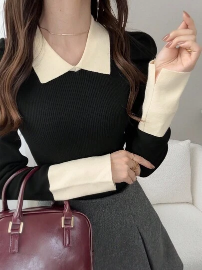 FRIFUL เสื้อสเวตเตอร์ผู้หญิง คอปกสีตัด แขนยาว ผ่าข้าง เข้ารูป สไตล์ลำลอง ใส่ได้หลากหลาย ฤดูใบไม้ร่วง