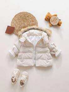 SHEIN Babygirl Cute Autumn/Winter Versatile Warm Fleece Hooded Padded Coat Fall - Apricot - View 9