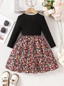 SHEIN Tween Girl Solid Color Knit Round Neck Patchwork Floral Fitted Casual Dress, Autumn/Winter Fall - Black - View 2