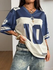 Coolane 女士夏季街头服饰外出运动休闲图案透气网眼宽松针织 T 恤 - 藍白色 - 查看 6