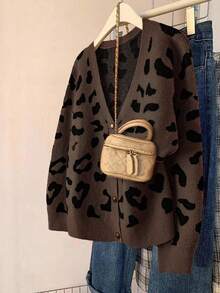 Linhara Plus Size Women Leopard Print Drop Shoulder Long Sleeve Casual Loose Knit Cardigan, Autumn/Winter - Multicolor - View 2
