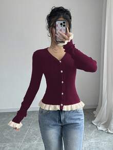 Elenzga Cárdigan de punto con volantes y contraste de color para mujer en otoño - Rojo violeta - Ver 3