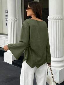 EMERY ROSE Women's Solid Color Minimalist Long Sleeve Shirt, Casual Everyday Wear - Army Green - View 2