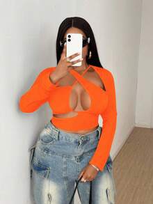 Maweii T-shirt asymétrique à manches longues et croisé sexy pour femmes grandes tailles