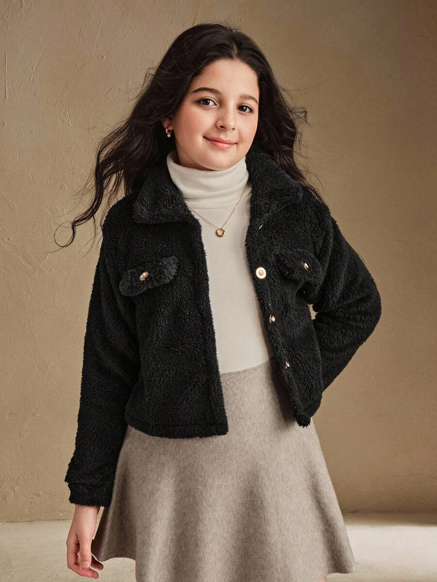 SHEIN Elladie kids 1 件 Tween Girl 纯色长袖领毛绒夹克