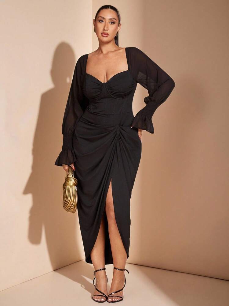 birthday dresses plus size SHEIN BAE Women's Chiffon Black Split Dress,Autumn Elegant Night Out Club Evening Formal Party Dresses,Fall Wedding Guest NICHOLAS Fiorella Long Sleeve prom dresses option set as picture See plus SIZE:A20