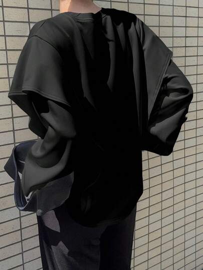 FRIFUL Women's Solid Color Round Neck Long Sleeve Ruffle Hem Casual Loose T-Shirt, Autumn Black Clothes Black Blouses Open Back Shirts Black Shirts Black Kimono