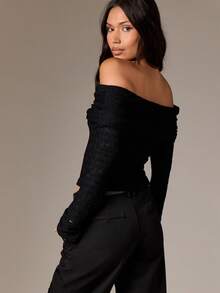 AiiRZ Top de manga larga con hombros descubiertos, cuello plegable, de punto acanalado y largo corto, moda de otoño e invierno