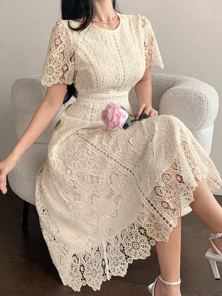 Elegant Lace Trim Short Sleeve Dress, Youthful And Refined Mini Dress