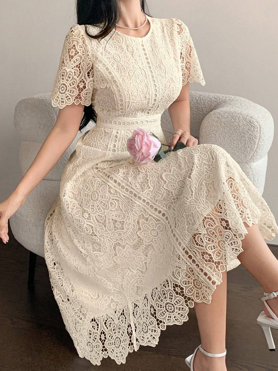 DAZY Elegant Lace Trim Short Sleeve Dress, Youthful And Refined Mini Dress - Apricot - View 1