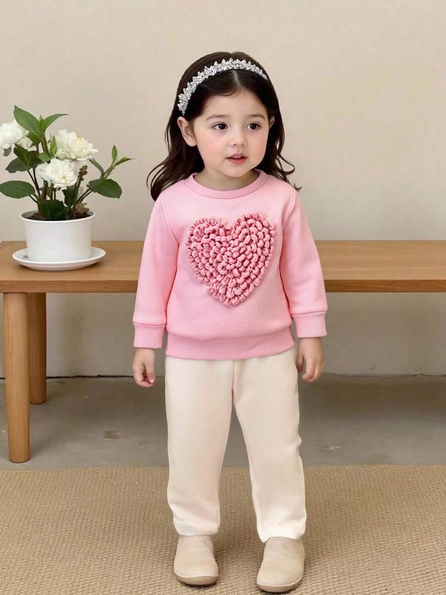 SHEIN Conjunto de Moletom de Manga Longa com Estampa de Coração e Legging para Bebê Menina Recém-Nascida e Criança Pequena de 0 a 3 Anos, Roupa Casual do Dia a Dia, Outono/Inverno