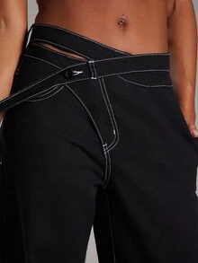 NYA SZN Pantalón vaquero de tiro alto, pierna recta, con bolsillos cargo, banda cruzada, técnico, casual de uso diario, vintage, streetwear, Y2K, grunge, para salir de noche, otoño, verano, adecuado para ir al trabajo, declaración, festival, Día del Rey, para mujeres - Negro - Ver 6