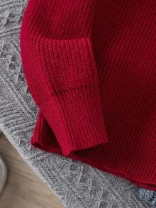 SHEIN 休闲纯色长袖高领男童毛衣，秋冬季，圣诞节 - 紅色 - 查看 3