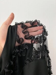 Elenzga Christmas Embrace Your Inner Shadow | Dark Feminine Fashion (Wednesday Aesthetic) Plus Size Fashionable Stand Collar Long Sleeve Elastic Knit Mesh Patchwork Luxurious Elegant Sexy Party Blouse, Slimming - Black - View 6