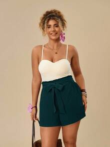 SHEIN VCAY Pantalones cortos casuales sueltos de mujer de talla grande con lazo en la cintura, bucle y costillas de unicolor - Agua verde azul - Ver 5