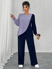 EMERY ROSE Bộ đồ mặc nhà 2 món, áo len dệt kim mềm cổ tròn tay dài họa tiết sọc màu khối cỡ lớn, chắp vá bất đối xứng và quần ống đứng kẻ sọc dệt kim mềm - Nhiều màu - Xem 5