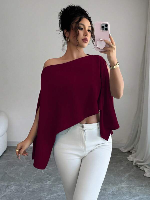 Elenzga Camisa suelta de mujer con hombros oblicuos, mangas divididas y corta