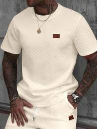 Manfinity CasualCool Camiseta de manga corta con cuello de canalé de jacquard para hombre, un regalo fino para novio o esposo, adecuada para uso casual diario en verano, apropiada para vacaciones en la playa, artículo de moda y versátil