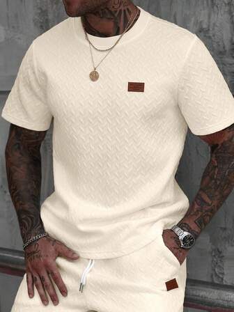 Manfinity CasualCool Camiseta de manga corta con cuello de canalé de jacquard para hombre, un regalo fino para novio o esposo, adecuada para uso casual diario en verano, apropiada para vacaciones en la playa, artículo de moda y versátil