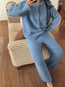 DAZY Women's Loose Textured Half Fleece Knit Fluffy Lounge Set, Fall Winter Clothes, Cozy Outfit