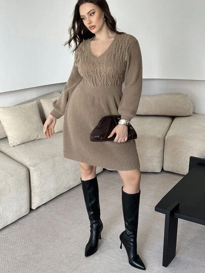 Modelyn 秋冬大码纯色针织休闲连衣裙