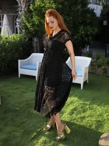 Gretanique Women's Long Black Sheer Lace V-Neck Waisted Dress, Vacation Beachwear Elegant - Black - View 6